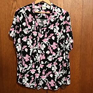 Blair Floral Black and Pink Women's Top Size 2XL Shirt Blouse Print